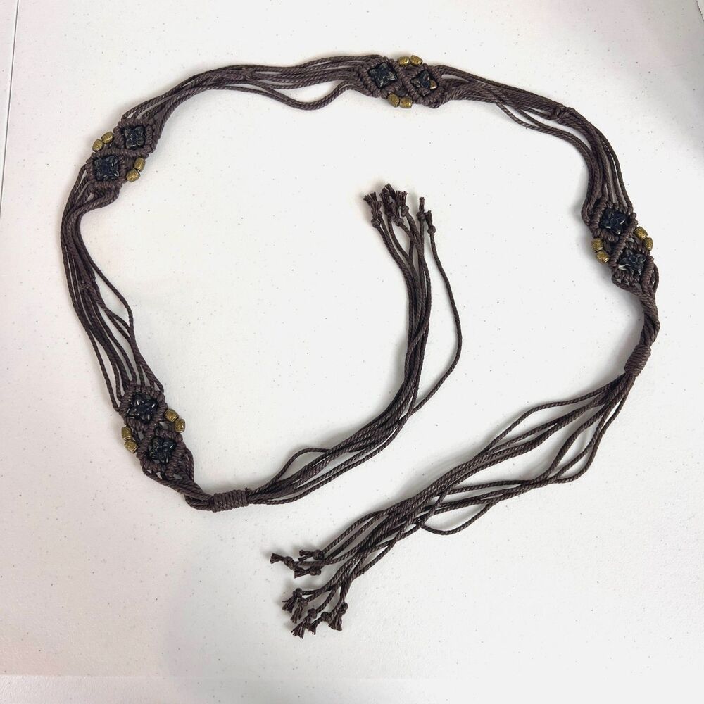 Brown Woven Boho Tie Belt Flower Beads Women's Size S / M (See Measurements)